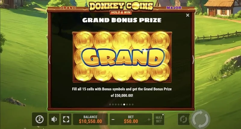 Donkey Coins Hold & Win - obrazovka s Jackpoty Mini, Minor, Major, Grand