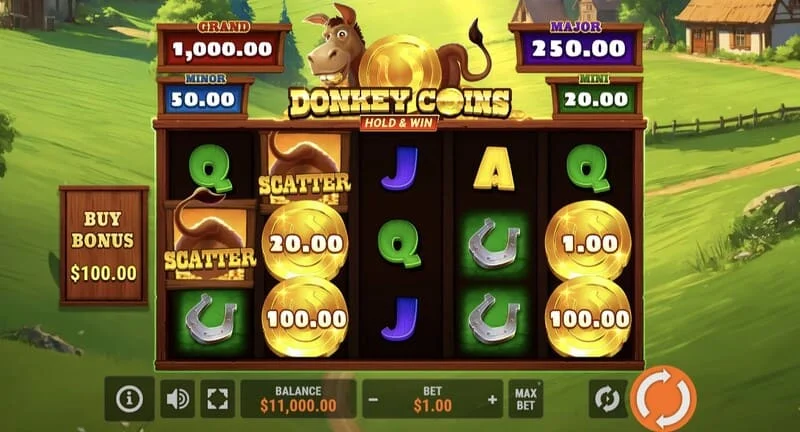Donkey Coins Hold & Win - hlavní obrazovka s válci